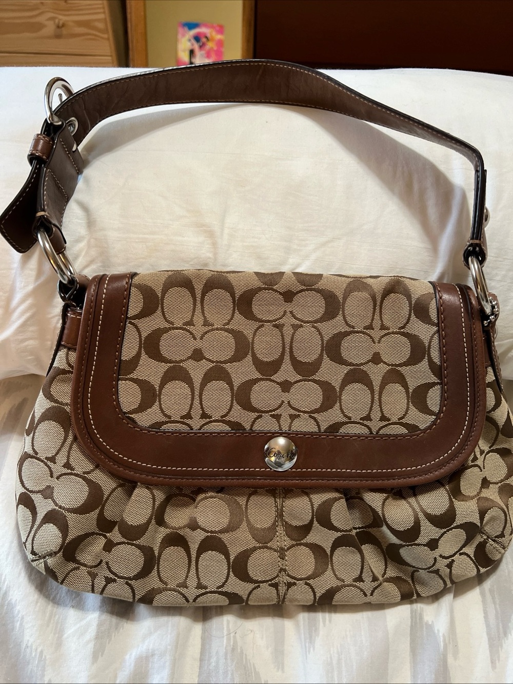 Coach F13739 Brown Flap Signature Shoulder Bag